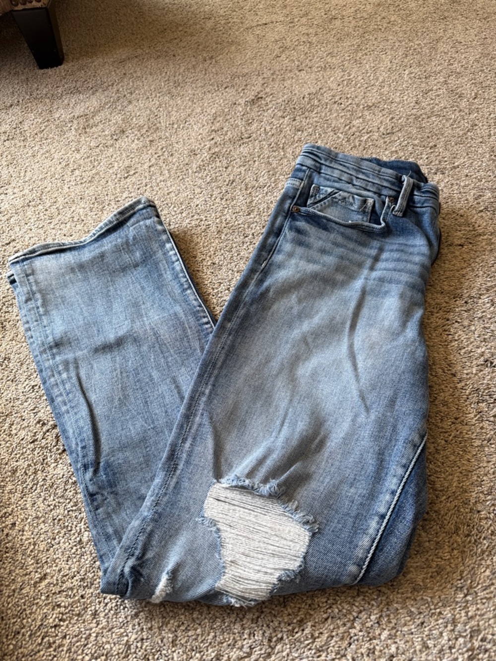 Buckle Light Blue Boot Cut Jeans with Distressed Knee